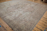 Distressed Kerman rug, faded Rococo floral patterns, pale mauve, sea foam, ivory.
