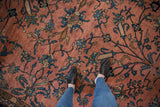 Vintage Persian Mahal rug detail: dusty rose field, teal and gold germinating plant motifs.