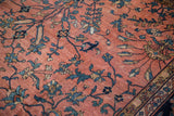 Vintage Mahal carpet: dusty rose field, teal, gold sprawling florals, dramatic serrated border.