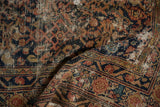 Worn vintage Persian Hamadan rug pile, foundation showing through intricate Herati motif.
