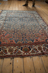 Vintage Malayer rug corner: sky blue Herati field, dusty blush trefoil spandrel, turtle Samovar border.