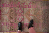 Vintage Distressed Kurd runner with fuchsia and silver diamond guls, showing heavy abrashes.