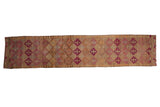 Distressed vintage Kurd runner with geometric fuchsia and saffron blossoms on a faded beige, 2'8