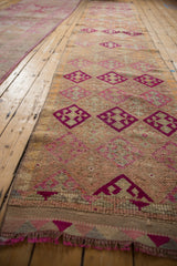Close-up: distressed Kurd runner with fuchsia geometric blossoms, inverted coloration, heavy abrashes.
