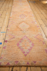 Distressed pile texture and serrated diamond motifs in faded tangerine and violet.