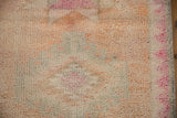 Short, even pile of the distressed Kurd runner showing ivory, cantaloupe, and faded magenta.