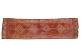 Vintage distressed Kurd runner, geometric diamond medallions with rust, orange, magenta, and ivory abrashes.