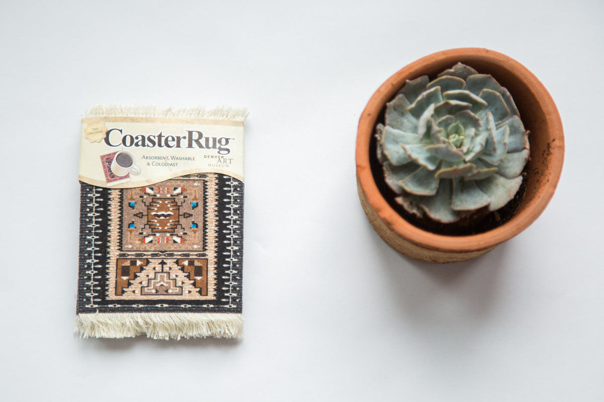 Navajo CoasterRug set, Southwestern geometric pictorial design in brown, black, beige, 3.5x4.25 inches.