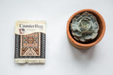 Navajo CoasterRug set, Southwestern geometric pictorial design in brown, black, beige, 3.5x4.25 inches.