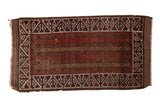 Antique Belouch rug with parallel channels in red and brown, framed by a wide geometric border with navy accents.