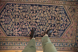 Hand knotted Hamadan rug pile texture showing navy, blush pink, and beige florals.