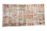 Hand-knotted Distressed Vintage Oushak rug, faded pattern, geometric borders, sand and soft red tones, 3' x 5'3
