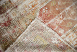 Hand-knotted reverse of the vintage Oushak rug, revealing colorful foundation and distressed pile.