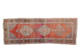 Distressed Oushak runner, triple medallions, vivid rust, magenta, and pale denim blue, 3x8.3.