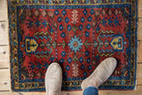 Saturated cherry red Lilihan rug, sapphire blue border, and ornate floral vinery.