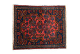 Vintage Persian Mehreban square rug featuring floral bouquets in raspberry, sapphire blue, and saffron gold.