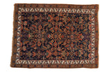 Antique Kurdish Bijar rug with floral palmettes and a human figure. Cobalt blue, madder red.