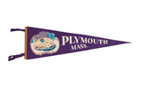 Vintage Plymouth Massachusetts felt flag in deep purple with a graphic of Plymouth Rock.