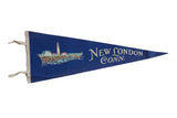 Vintage New London CT felt flag, deep blue with white lighthouse seascape illustration.