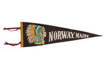 Vintage dark felt Norway Maine pennant, Native American chief with turquoise headdress.