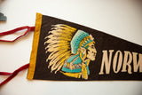 Red ties and yellow felt trim on the Vintage Norway ME Felt Flag.