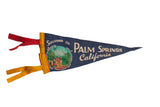 Vintage dark blue Palm Springs felt pennant, mid-century Palm Canyon graphic, hand-stitched yellow edge, 5x11.