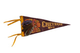 A vintage Cheyenne, Wyoming felt pennant featuring a Native American chief graphic with real feathers.