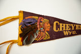 Close-up of the real feathers and beads attached to the vintage Cheyenne pennant's chief graphic.