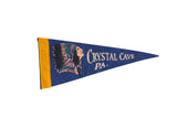 Vintage blue felt pennant for Crystal Cave, Pennsylvania featuring a Native American chief graphic.