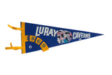 Vintage 1969 Luray Caverns felt pennant in blue with yellow accents and a colorful graphic.