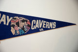 Close-up of the pointed tip of the blue Luray Caverns felt flag showing 'CAVERNS VA.' text.