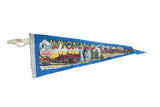 Blue felt vintage Wyoming pennant flag with Little America and Grand Teton Range graphics.