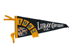 Vintage 1962 Luray Caverns VA felt flag in black, featuring yellow accents and blue numbers.