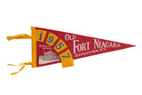 Vintage 1957 Old Fort Niagara felt pennant, red with yellow trim, fort graphic.