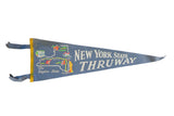 Vintage New York State Thruway felt flag with blue field and detailed state map graphics.