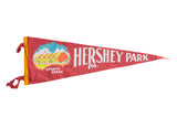 Vintage red Hershey Park felt pennant featuring a Sports Arena graphic and yellow ties.