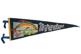 Vintage Marineland of the Pacific felt flag with a colorful retro dolphin graphic and white rope text.