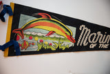Close-up of the vintage felt flag showing the colorful retro dolphin graphic and yellow border.