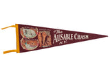 Vintage Ausable Chasm NY felt flag in burgundy with colorful scenic graphics and yellow ties.