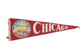 Vintage red felt Chicago flag with Museum of Science and Industry graphic and handwritten notes, 9x26.