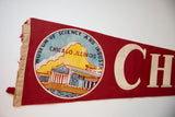 Felt flag detail showing frayed left edge, visible beige stitching, and Chicago Museum graphic.
