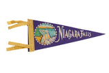 Purple felt vintage Niagara Falls pennant with a scenic waterfall graphic and mustard yellow trim.
