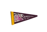 Vintage Jamestown VA felt flag in deep purple with a yellow border and pink building graphic.