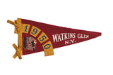 Vintage 1950 Watkins Glen NY felt flag in red with a Native American chief graphic and yellow details.