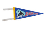 Vintage 1978 Sea World felt flag in blue with a classic jumping orca graphic.