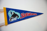 Close-up on the 1978 copyright date and orca graphic of a vintage Sea World felt flag.
