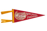 Vintage New Jersey Turnpike red felt pennant with bridge graphic and yellow trim, 5x12.