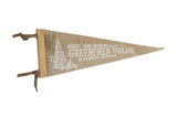 Vintage Henry Ford Museum felt flag in tan, with white graphics of Greenfield Village and an antique car.