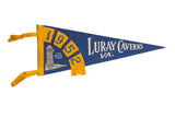 Vintage 1952 Luray Caverns VA felt flag in blue and yellow featuring the Singing Tower graphic.