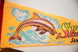 Red binding and blue waves on the left of the vintage yellow Sea World felt flag.